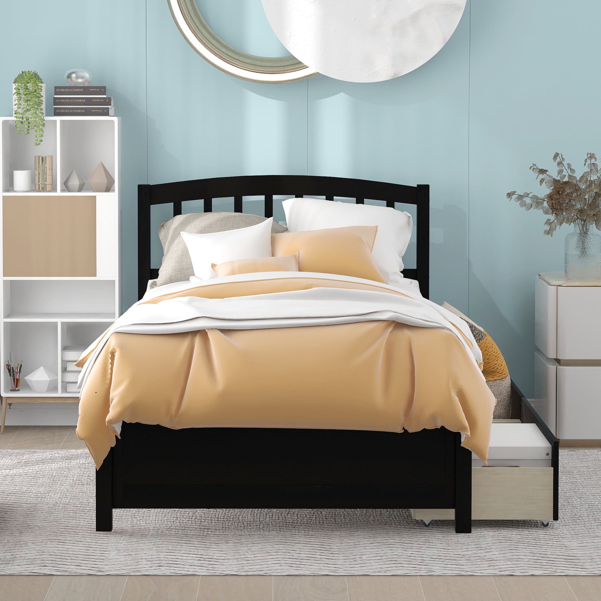 Twin Bed Frame for Kids Adults, Upgrade Solid Wood Storage Bed Frame