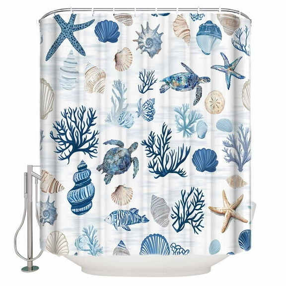Oceans Sealife Shower Curtain, 36" x 72", Sea Turtles Corals Stars Shells Texture Waterproof Bathroom Curtain Washable Shower Curtain Set with 12 Hooks