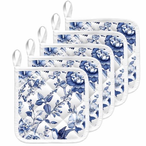 White Blue Spring Floral Pot Holders for Kitchen Heatproof Potholder, 5 Pack Summer Botanical Hummingbird Hot Pads Multipurpose Oven Pads Cloth Potholders Trivet for Cooking Baking