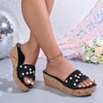 thumbnail image 4 of Rokment Women's Sparkly Sequin Pearl Platform Wedge Dressy Slip On Sandals Bridal Bling Elegant Platform Chunky Heeled Dress Slides for Bride Wedding Summer Black Size 6, 4 of 7
