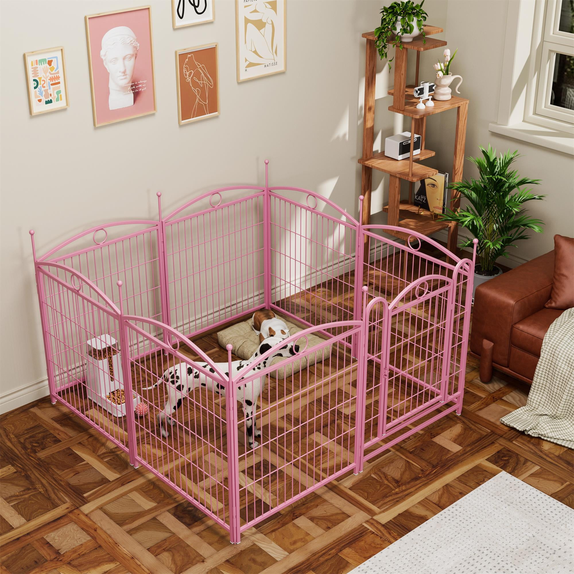 Pefilos Outdoor Dog Playpen with Doors, 32" 8 Panels Indoor Dog Fence Metal Dog Pen Pet Puppy Exercise Pen for RV Camping Garden Yard, Pink