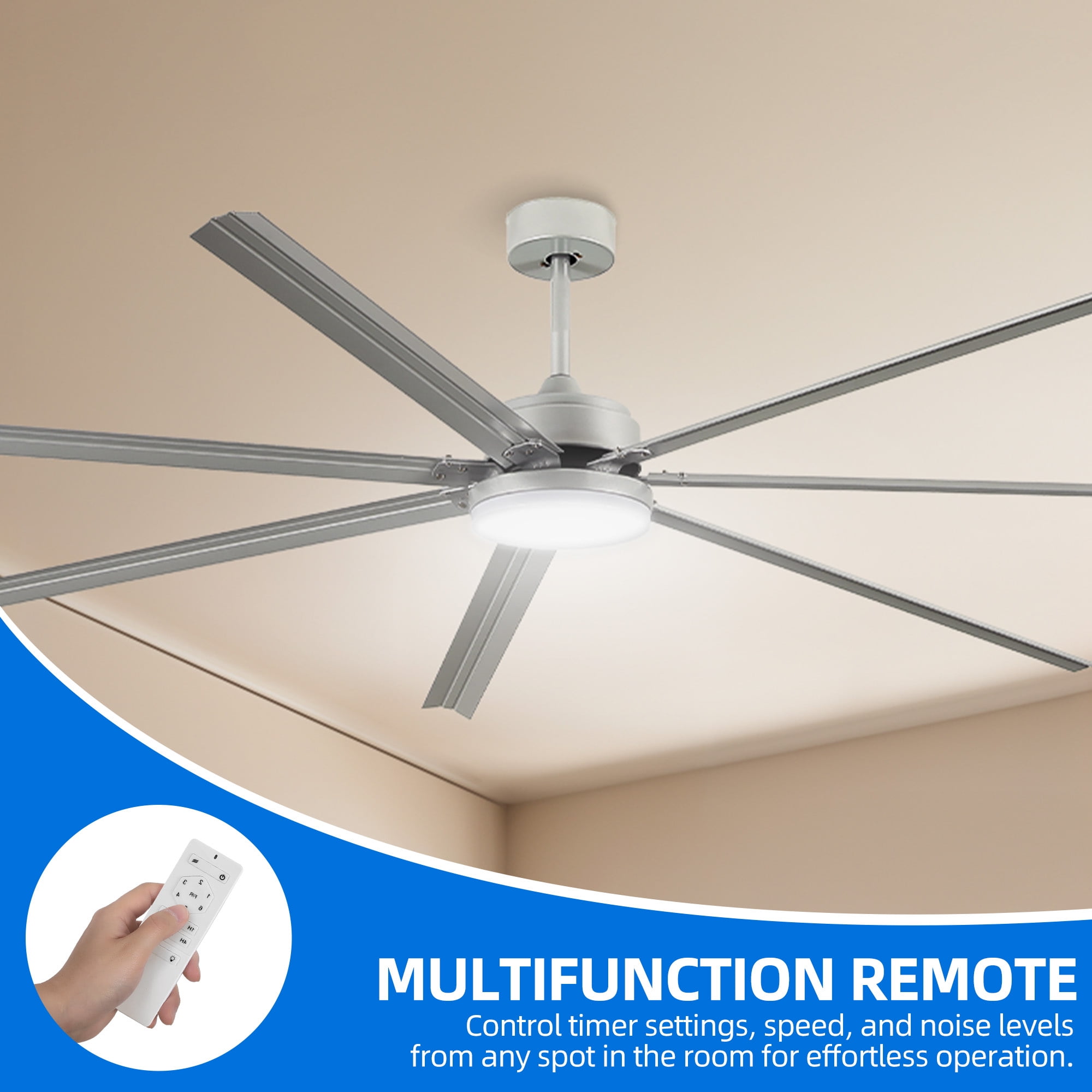 Dextrus 96 Inch Ceiling Fan with Lights and Remote Control, Large Ceiling Fan with 6-Speed,7 Aluminum Blades - Nickel