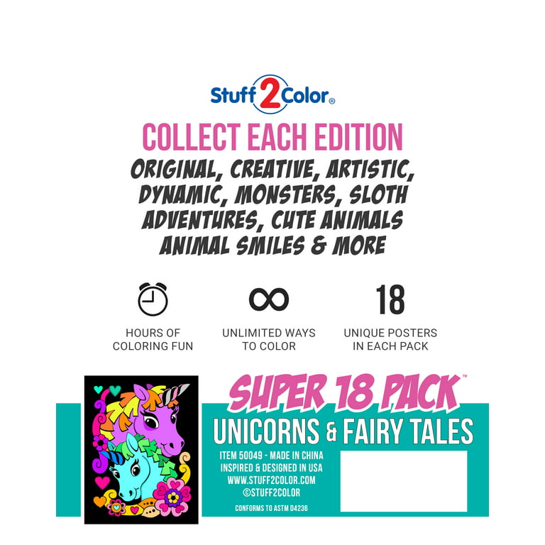 Stuff2Color Super Pack of 18 Fuzzy Coloring Posters (Unicorns & Fairy Tales Edition) - Arts & Crafts for Girls and Boys - Great for After SC