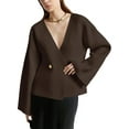 thumbnail image 2 of Womens V Neck Cardigan Long Bell Sleeve Button Down Open Front Loose Knit Fall Sweater Blazer Coffee M, 2 of 10