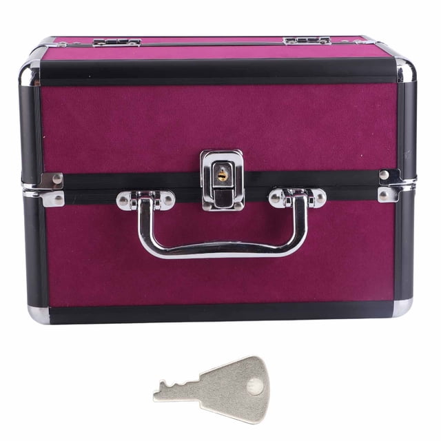 Estuche de maquillaje de 25 x 17 x 17 cm, gran capacidad, ideal para el hogar, salón, color vino tinto y negro, con fondo negro.