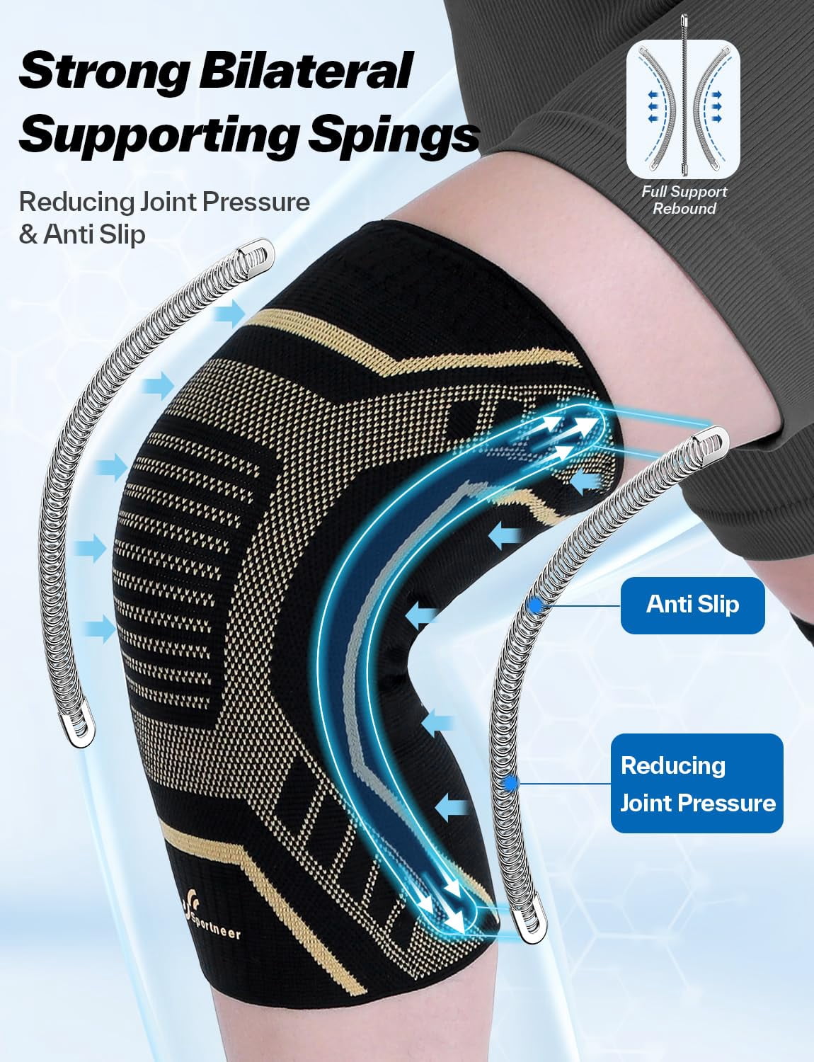 Knee Br with Dual Side Stabilizers – Maximum Support Compression Sleeve for Men & Women, Anti-Slip Running, Workout, Arthritis, ACL Pain Relief (Black-Copper, Large(18"-20"))
