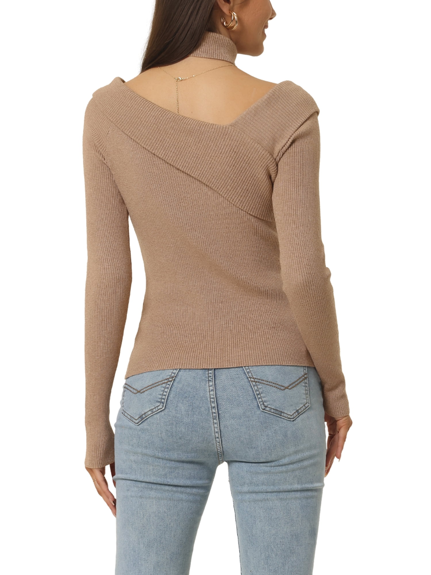 Unique Bargains Women's Long Sleeve V Neck Chocker Slim Fit Sweater Tops Khaki S