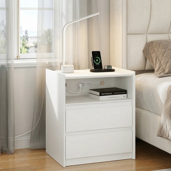 24" Tall White Nightstand with Charging Station, 2 Drawer Modern Bedside Table with Tray Top, USB & Type-C Ports, AC Outlets, and Open Shelf for Bedroom or Living Room