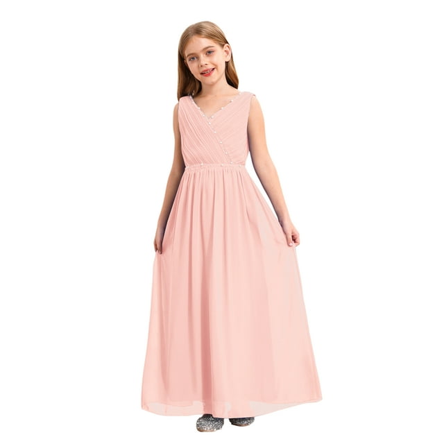 Manyakai Robe Maxi Plissée en Mousseline pour Filles, Demoiselle d'Honneur Junior, Sans Manches, Perlée, Robe de Danse, Bal de Promo, Fête, Rose 16