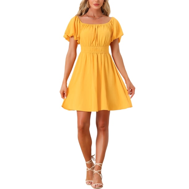 INSPIRE CHIC Women's Summer Off the Shoulder Puff Short Sleeve Strapless Mini Short Dress Orange Yellow XS