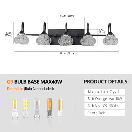 Hi-LIGHTS,Retro 5-Light Bathroom Vanity Light Fixture with Crystal Glass Shades(Bulbs Not Included),Wall Mounted Lighting for Bathroom,Dressing Room,Powder Room and Vanity Mirror(Black）