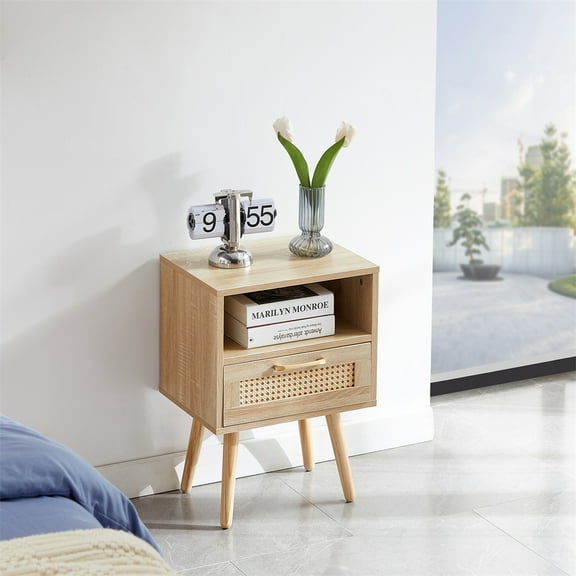 Triple Tree Bedroom Living Room Modern Storage Solid Wood End Table, Natural