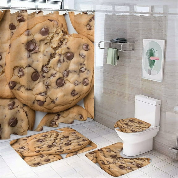 Shower Curtain Set 4 Piece include Shower Curtain and Rugs and Non Slip U Shaped Toilet Rugs Luxury Bathroom Decor Chocolate Chip Cookies