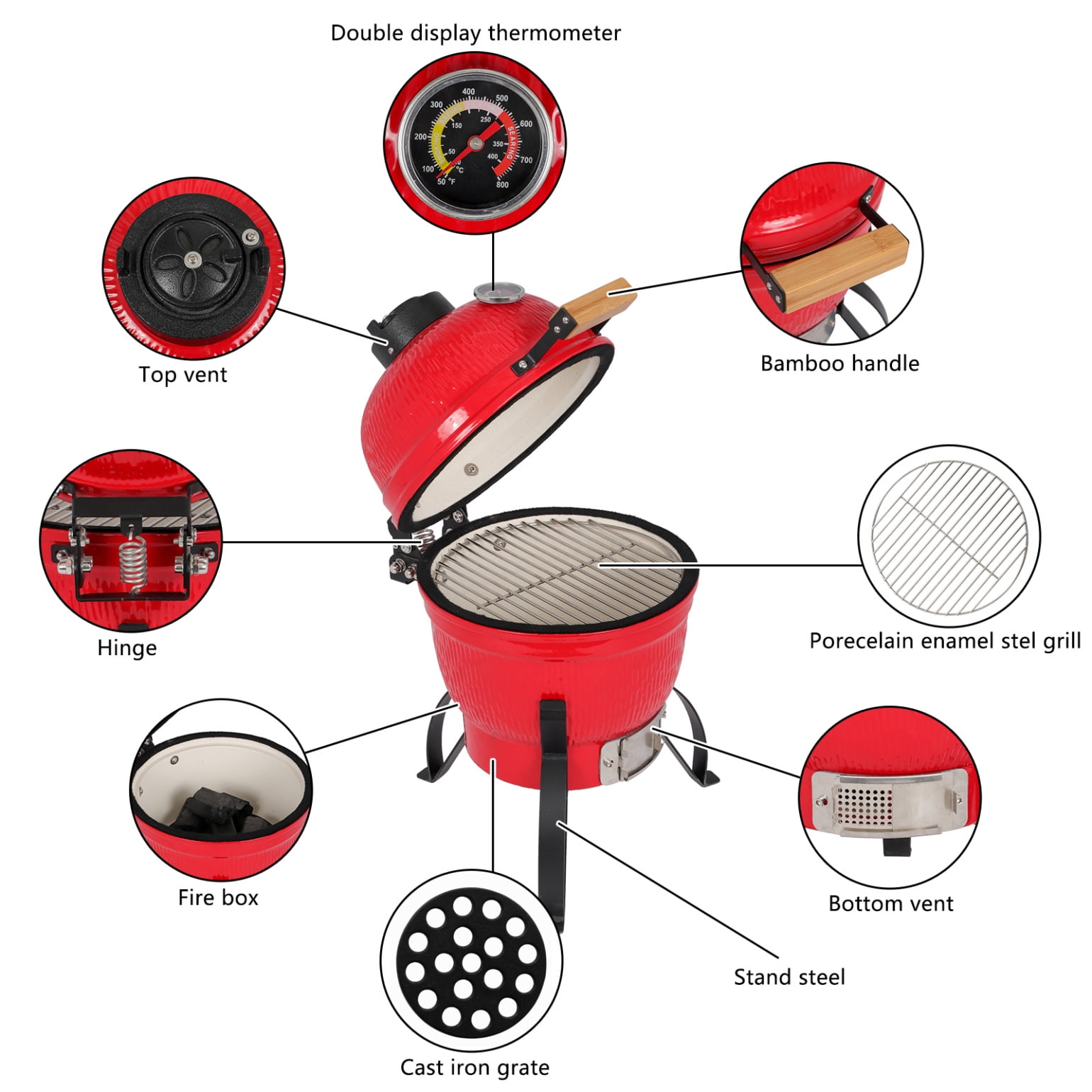 13 inch Ceramic Charcoal BBQ Grill,  Portable Ceramic Barbecue Smoker and Roaster, Heavy Duty Outdoor Cooking Barbecue Camping BBQ for Patio Backyard