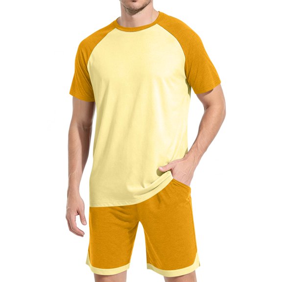 JULMCOMO Men's Pajamas Set Color Block Crew Neck Short Sleeve Soft Comfy Loungewear Set Elastic Waisted Wide Leg Casual Shorts with Pockets Earthy Yellow L