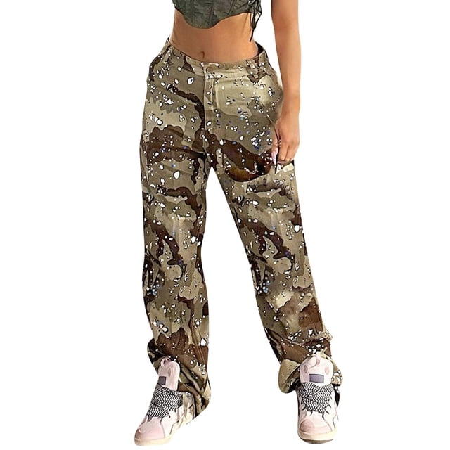 Pantalones cargo Prolriy para mujer, pantalones cargo elásticos de cintura alta para mujer, holgados, con múltiples bolsillos, corte relajado, rectos, de pierna ancha, pantalones de camuflaje para