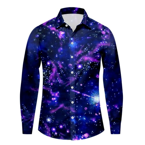 Mens Shirts Plus Size Galaxy Digital Print Lapel Long Sleeve Button Down Blouse Loose Casual Fall Tops Dark Purple L