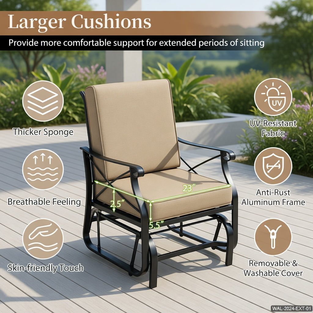 Hommoo Patio Glider Rocking Chair with Black Metal Frame, Thick Breathable Cushions & Smooth Quiet Glide, Outdoor Porch, Deck or Backyard Seating, Beige