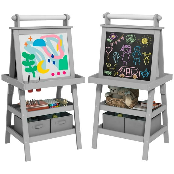 Kids Furniture Qaba Easel for Kids, Double Sided Kids Art Easel with Paper Roll, Magnetic Whiteboard, Chalkboard & Storage, Standing Toddler Easel for Painting & Drawing, Gift for Boys, Girls Ages 3-
