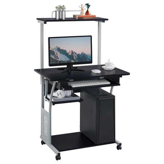 3 Tier Computer Desk with Printer Shelf and Keyboard Tray, Home Office Desk Computer Workstation Rolling Study PC Laptop Table for Small Spaces Black