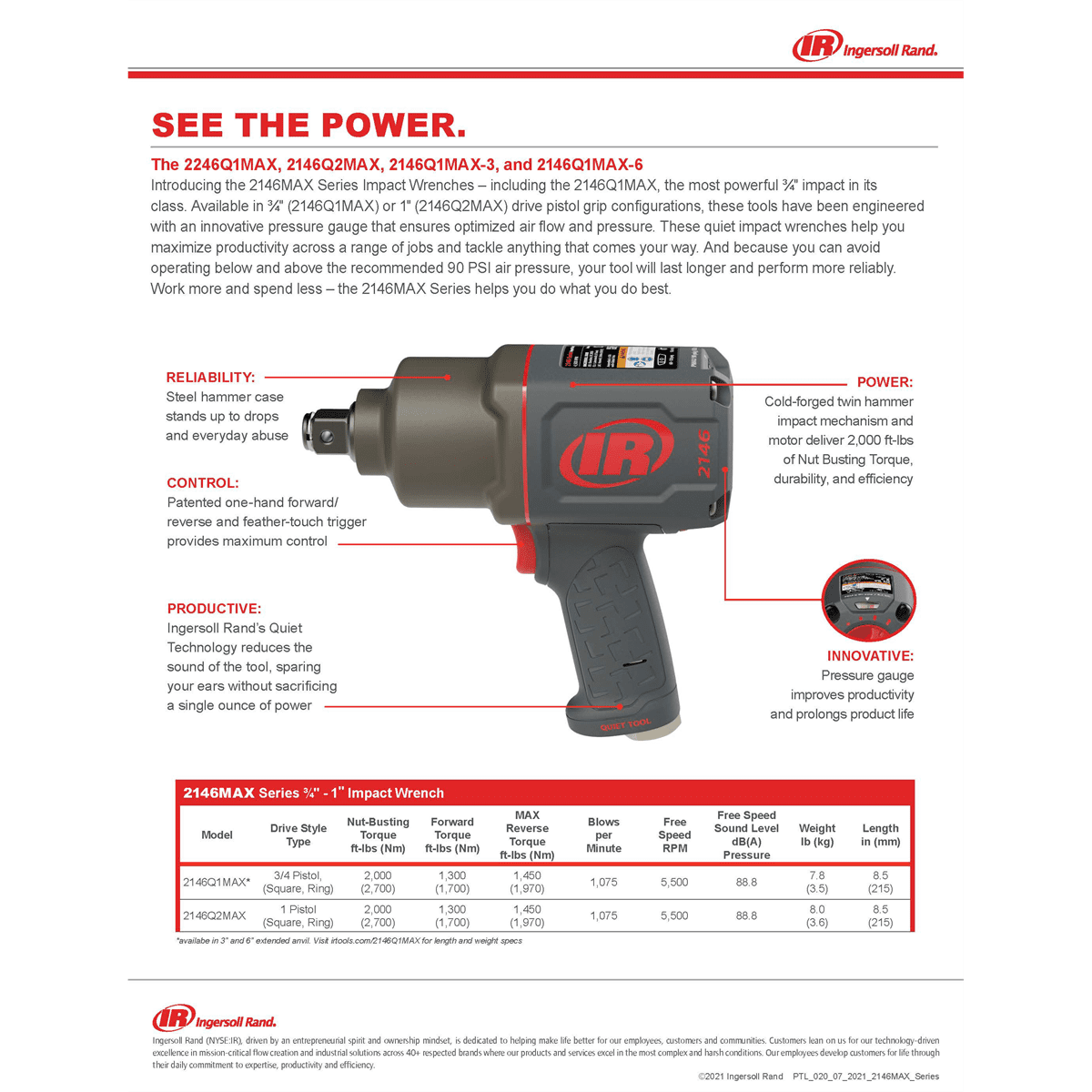 Ingersoll Rand 3/4" Air Impact Wrench, Quiet, 2,000 ft-lbs Nut-busting torque