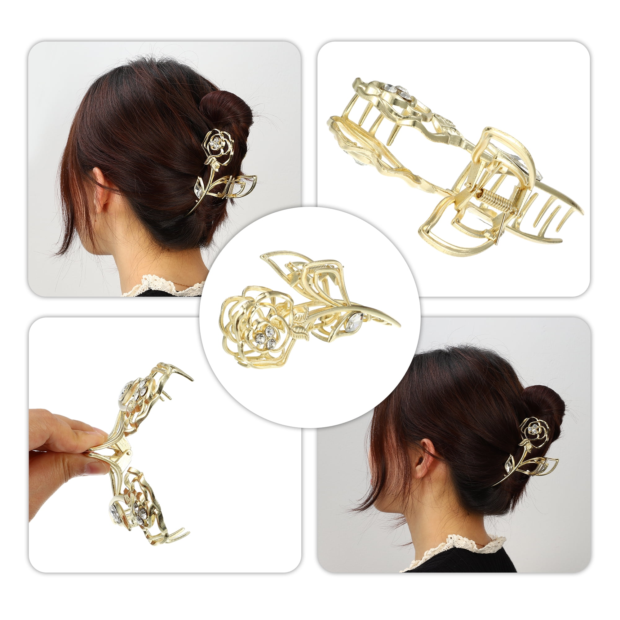 Unique Bargains Rose Metal Hair Claws Hair Clips Hair Barrettes Gold Tone