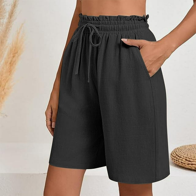Bwomeauty Summer Shorts with Pockets Casual High Waisted Drawstring Wide Leg Shorts Solid Color Linen Shorts with Pockets, XL