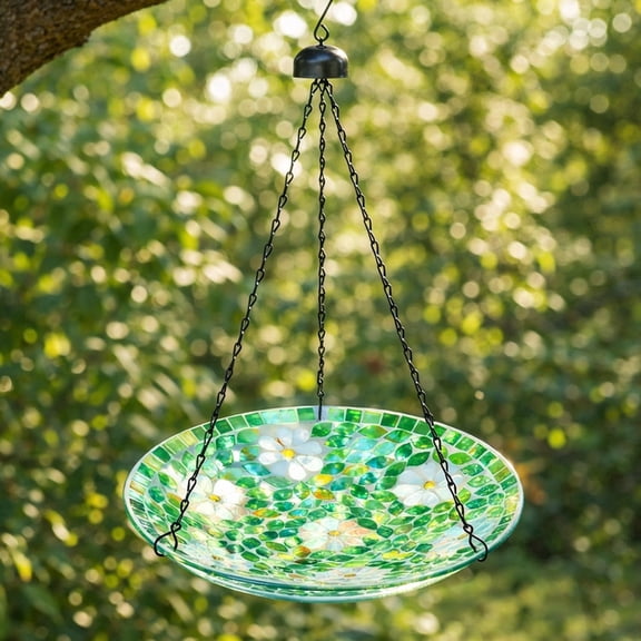 11 Inch Hanging Mosaic Glass Bird Bath & Feeder, Green Floral Design with Metal Chain, Garden Decor for Wild Birds, Backyard & Patio