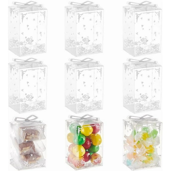 30 Pcs Transparent PVC Box 1.97x1.77x2.99 Inch(5x4.5x7.6cm) Print Gift Box CLear Plastic Favor Boxes Rectangle Candy Chocolate Cookies Box for Christmas Wedding Party Gift Wrapping for DIY