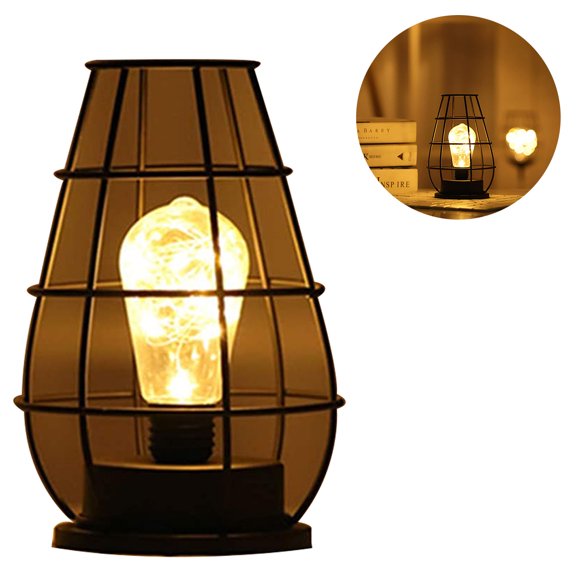 Vintage Wood Lantern Table Lamp for Living Room, Industrial Decorative Anti Rustic Bedside Reading Desk Lamp
