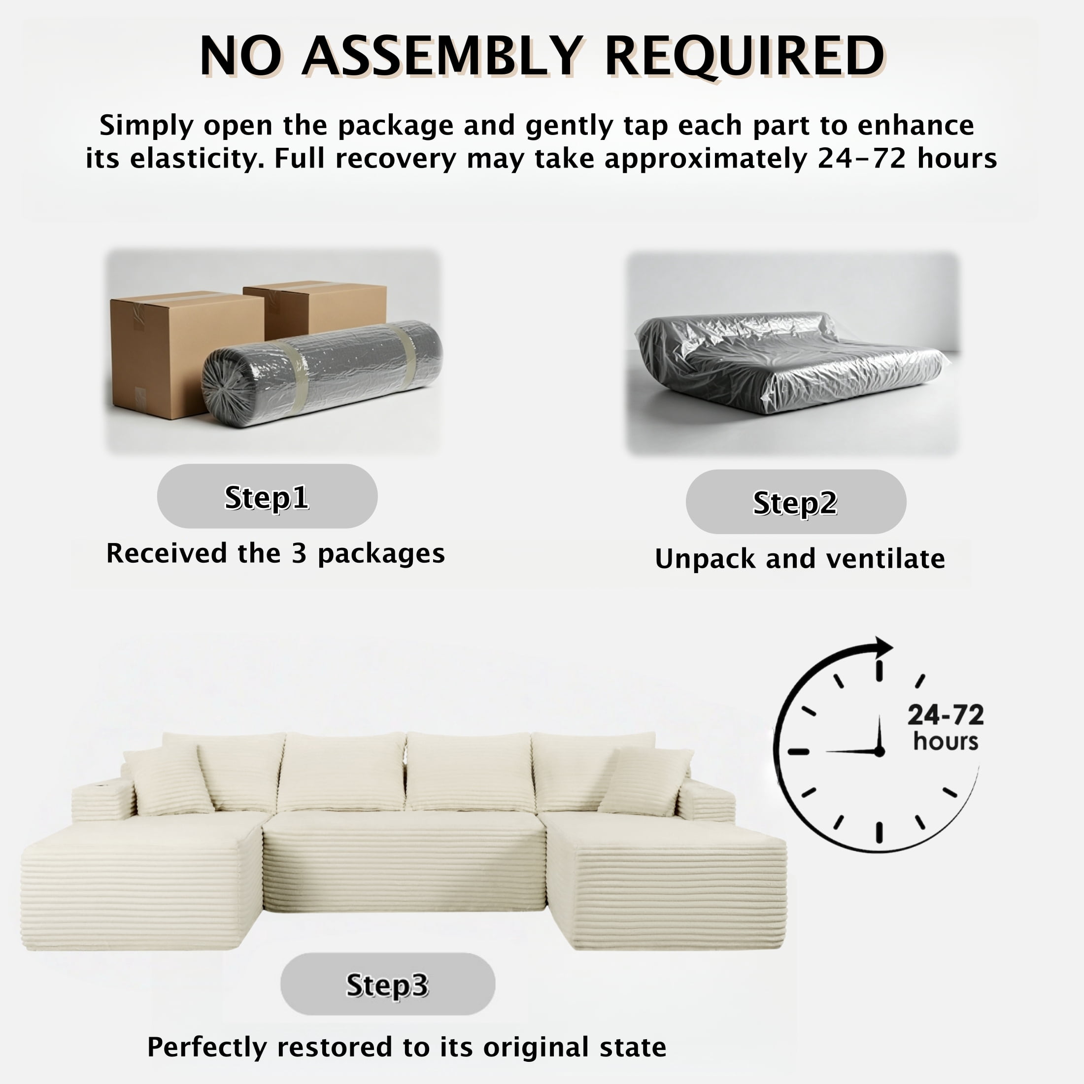 ShiKeyi 134" Modular U-Shaped Cloud Sofa, 5-Seater Corduroy Sectional Couch with Deep Seats Double Chaise & Soft Boneless Design, Beige