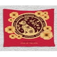 thumbnail image 1 of Year of the Dog Tapestry, Blossoming Petals with Festive Animal Design Leaf Branches, Wall Hanging for Bedroom Living Room Dorm Decor, 60W X 40L Inches, Dark Coral Mustard Maroon, by Ambesonne, 1 of 2