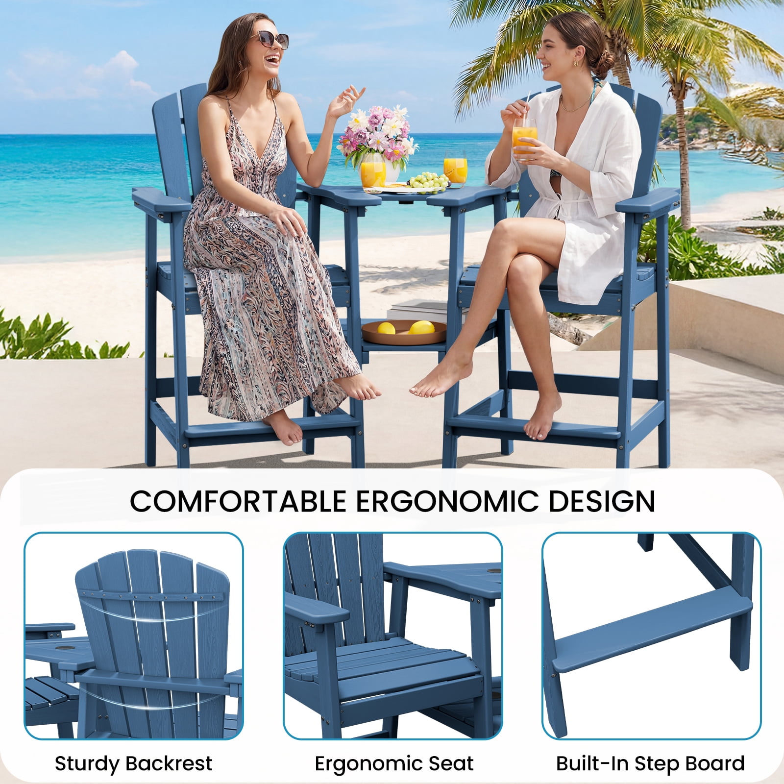 LOYALICE Tall Plastic Adirondack Chair Set of 2 W/ Outdoor Barstools and Connecting Tray, Navy Blue