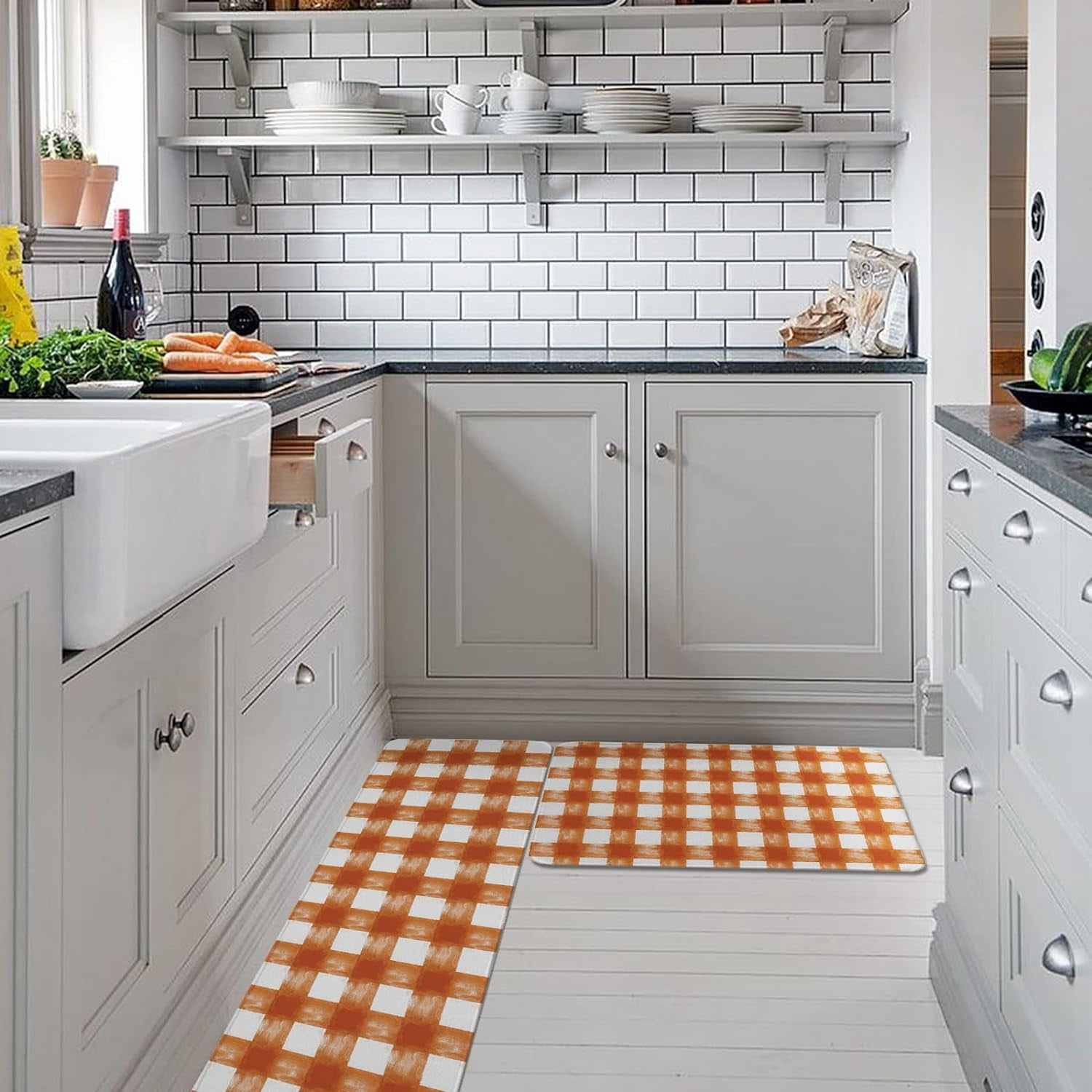 Kitchen Rug Mat Grid Farmhouse, Set of 2, Anti-Fatigue Non-Skid Washable Kitchen Runner Rugs, Watercolor Orange Soft Comfort Rug for Kitchen, Floor Home, Front of Sink, Laundry