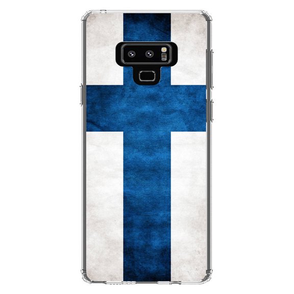 DistinctInk Clear Shockproof Hybrid Case for Samsung Galaxy Note 9 - TPU Bumper, Acrylic Back, Tempered Glass Screen Protector - Finland Old Flag - Finland