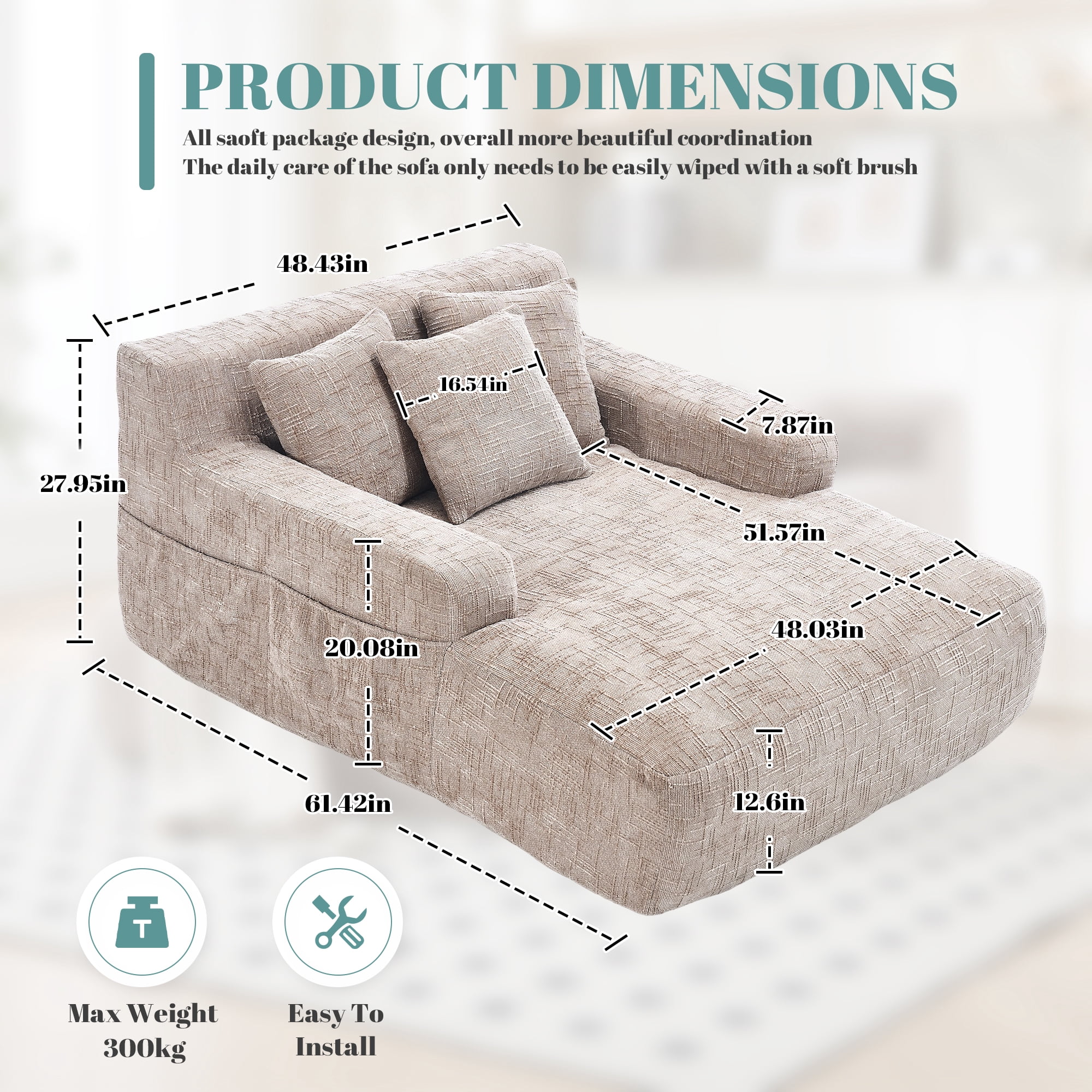 MOONMISS Chenille Upholstered Deep Seat Bean Bag Lazy Sleeping Sofa Chair with Three Pillows and Side Pocket-Khaki