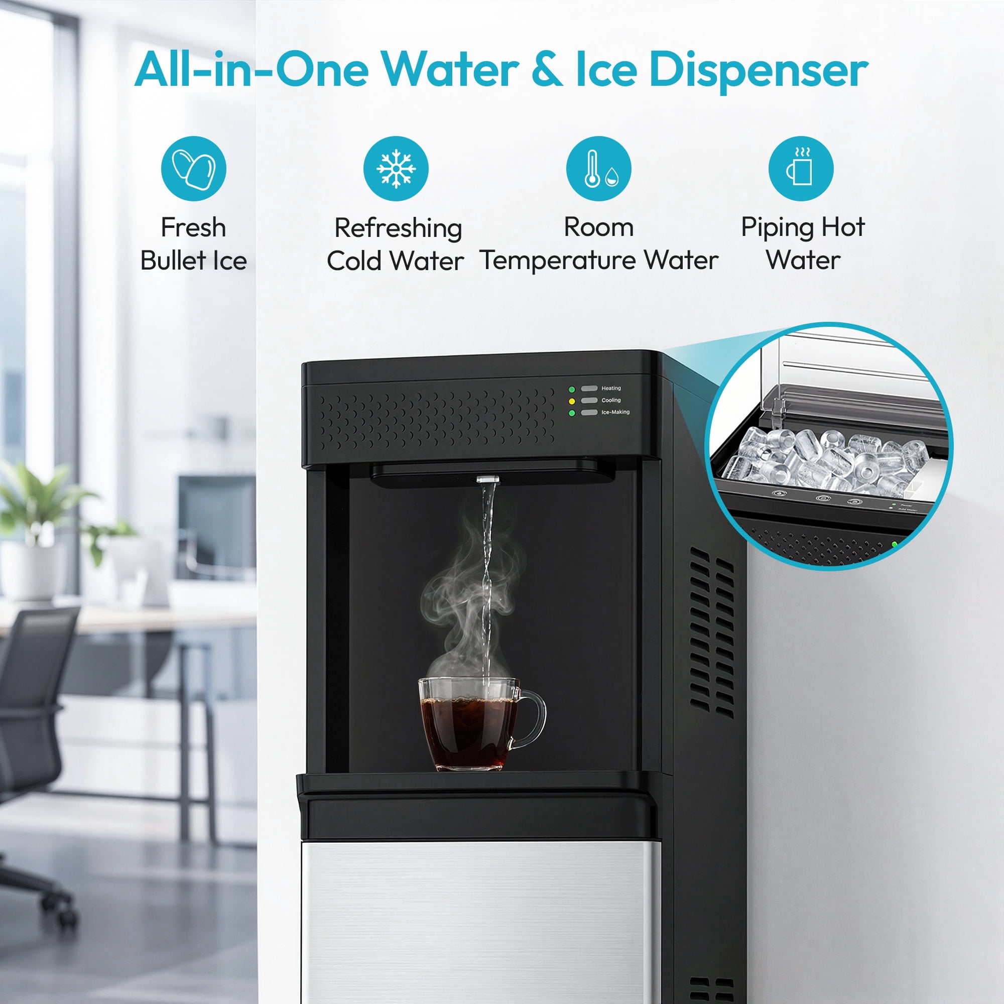 EUHOMY 4-in-1 Water Dispenser with Ice Maker, Cold Hot & Room Temperature Water, Child Safety Lock, Compatible with 3–5 Gallon Bottles for Home/Office, Black and Silver