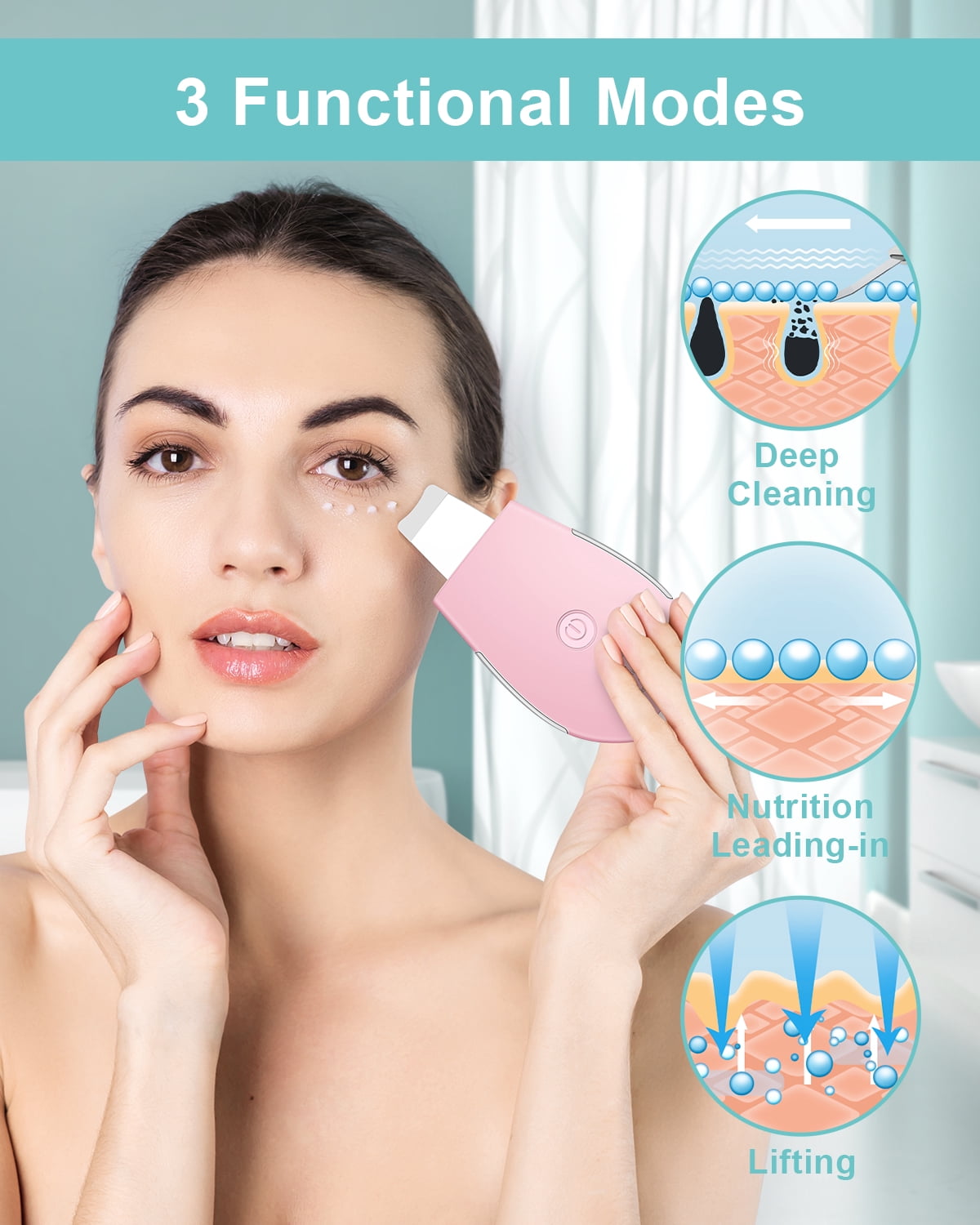 EZBASICS Skin Scrubber, Blackhead Remover Tool for Pore Cleaner,Skin Care Tool for Facial Deep Cleansing with 3 Modes USB Charger, Pink