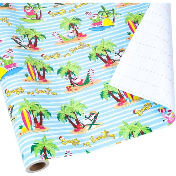 WarmHaven Christmas Wrapping Paper Mini Roll, Funny Santa on Vacation Pattern with Palm Trees and Surfboards, for Summer Christmas, Beach themed Gifting, 17" x 33' (46.7 sq. ft)