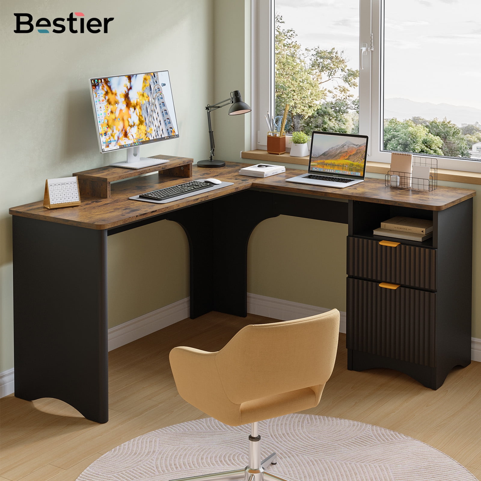 Bestier L Shaped Desk with Drawers, 55.7" x 55" Office Computer Desk with Round Corners, Monitor Stand & Fluted Panels, Black & Rustic Brown