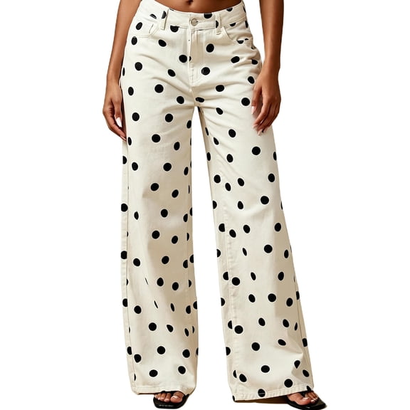Women's Polka Dot Pattern Barrel Jeans Casual Wide Leg Mid Rise Denim Pants Y2K Boyfriend Cute Jeans 2XL