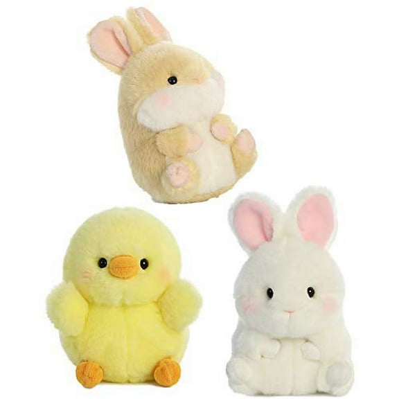 Aurora Plush 5" Rolly Pets: Chickadee Chick, Snowy White Bunny, and Creamy Tan Bunny