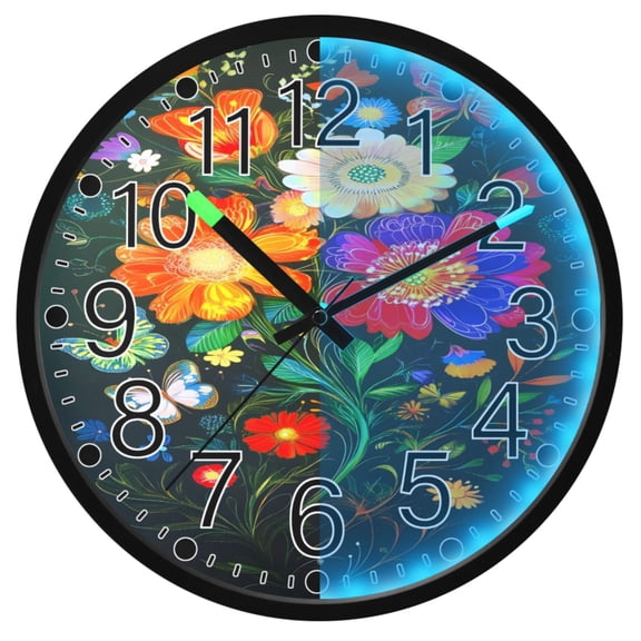 Ryvnso Art Flowers Butterfly 12 Inch Night Light Wall Clock Silent Battery Operated Luminous Clocks