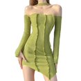 thumbnail image 3 of Vestido color puro fuera del hombro diseño cintura alta Slim cómodo estilo erógeno poliéster mujeres otoño vestido para citas verde S, 3 of 8