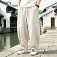 thumbnail image 2 of Mens Big & Tall Harem Pants Casual Elastic Waist Drawstring Baggy Hippie Trousers Cotton Linen Beach Boho Yoga Pants Size M-5XL White-A, 2 of 6