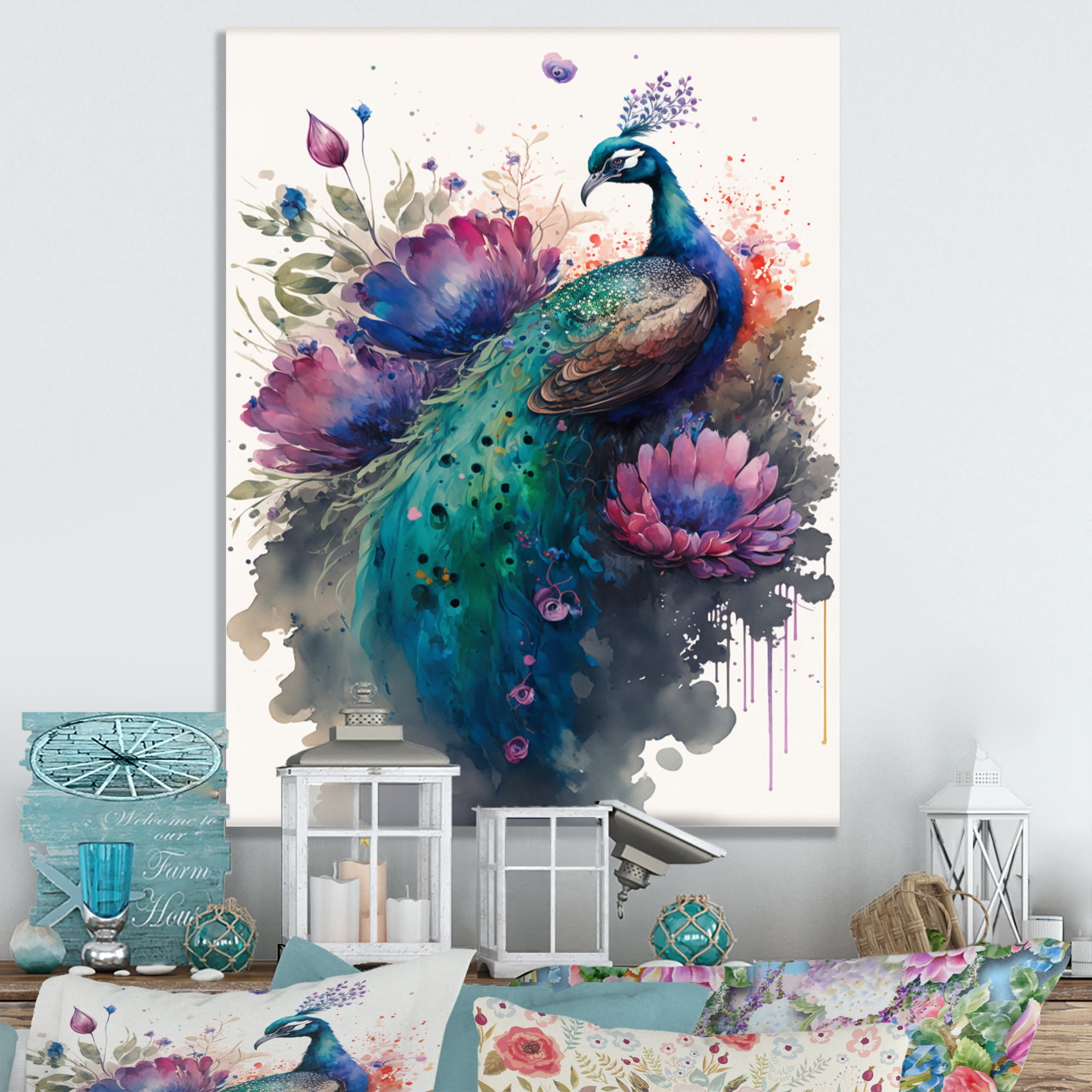 Designart Cute Peacock Floral Art I Canvas Wall Art