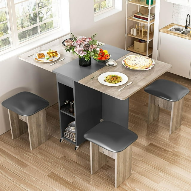 Furlinkhm Ensemble de Table à Manger Pliante pour 4, Table à Dîner avec 4 Chaises en Cuir et Étagères, Table à Manger Pliable Gain de Place avec 6 Roues, Ensemble de Table de Cuisine pour Petits Espaces (Gris)