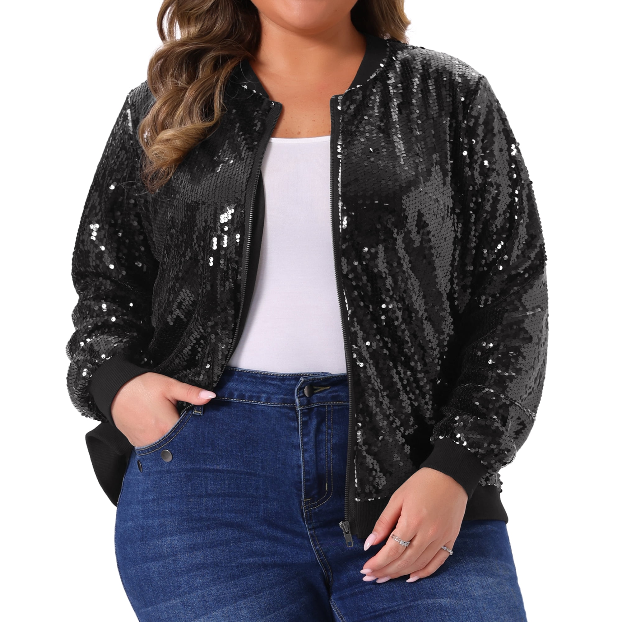 DARING DIVA Women's Plus Size Shiny Glitter Sequin Bomber Jacket 2X Black
