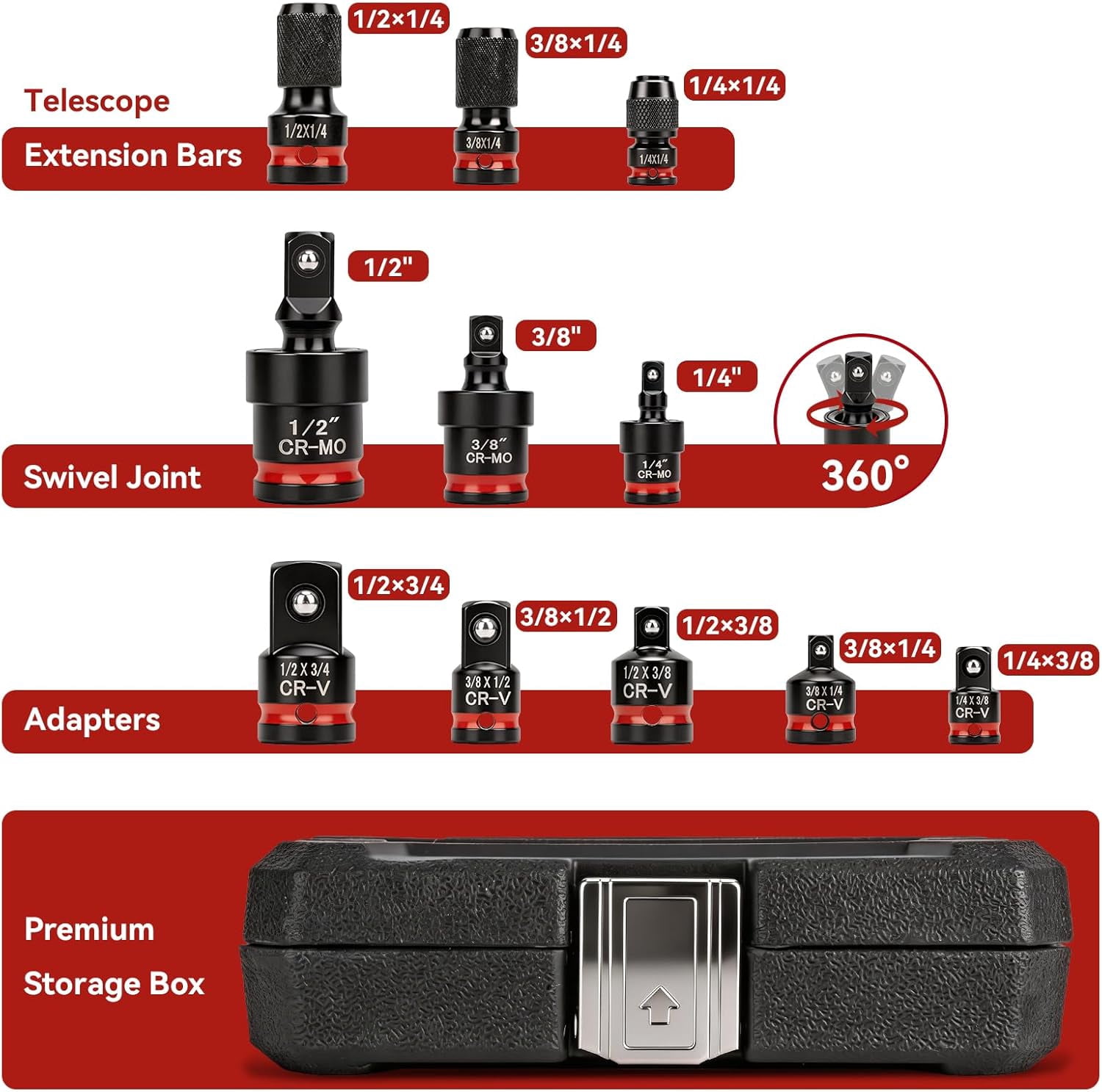 11 Pcs Impact Socket Adapter Set: Socket Adapter Set, Impact Rated Drill Socket Adapters & Extensions,1/2" 3/8" 1/4" Drive, CR-V & CR-MO Steel