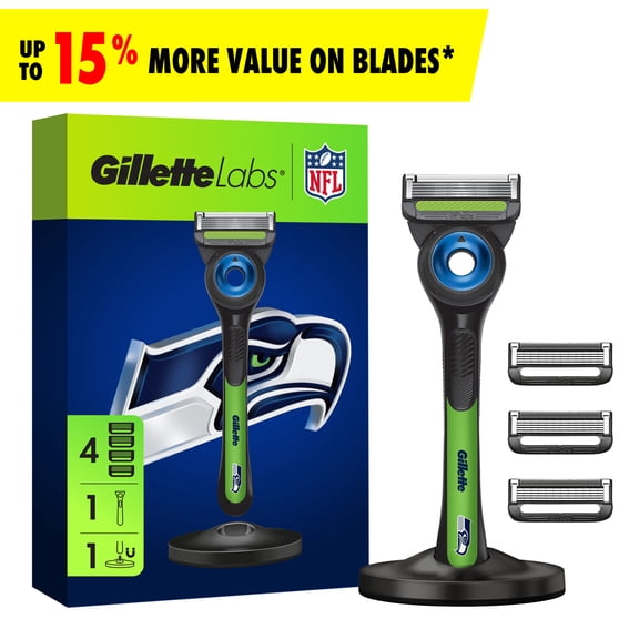 Gillette Labs Official Seahawks Licensed Razor for Men, Perfect for Game Day Grooming, Gillette Labs with Exfoliating Bar, 1 Handle, 4 Blade Refills, with Magnetic Stand